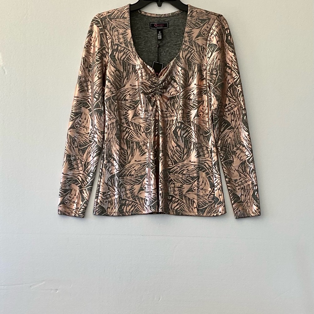 C WONDER NWT Copper & Gray Heather XS TOP Front Ruching Soft Metallic Stretchy